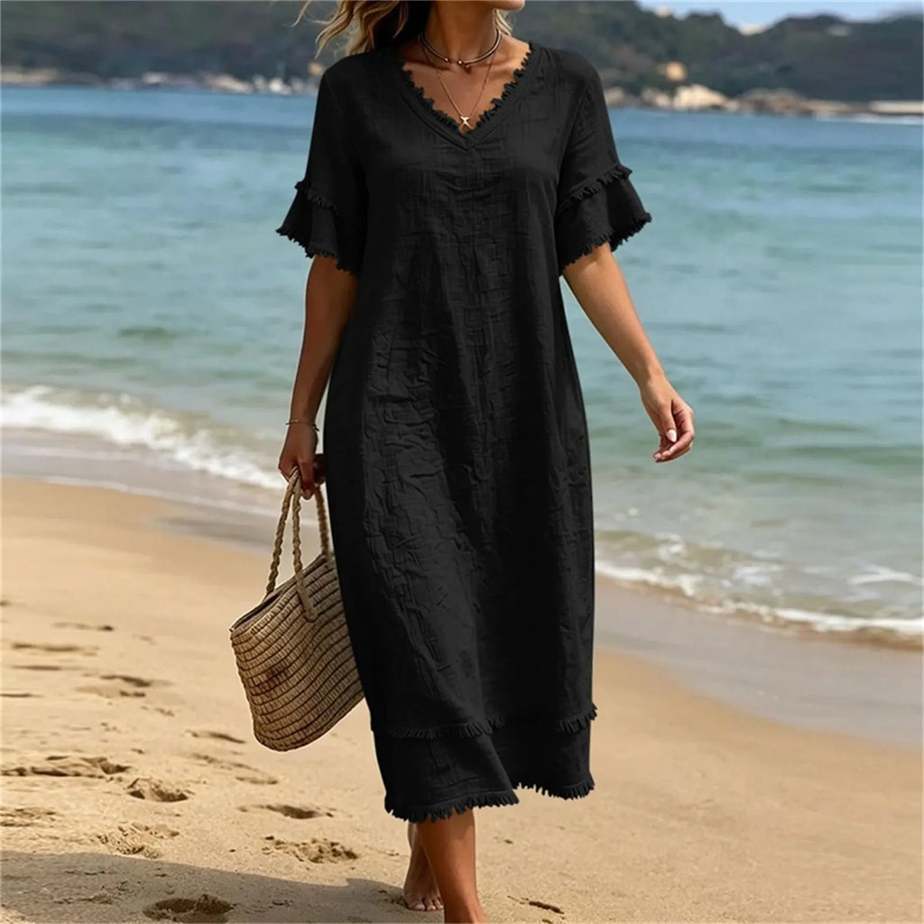 Robe femme bohème col V avec franges et coupe fluide