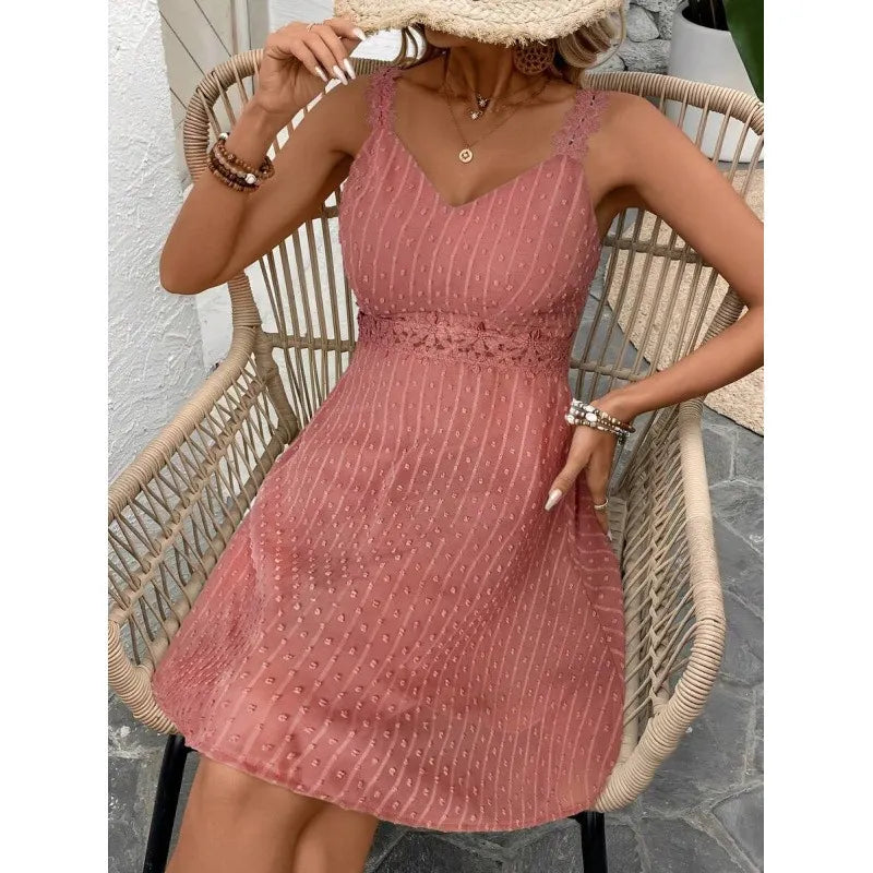Robe mini femme à bretelles dentelle et pois plumetis