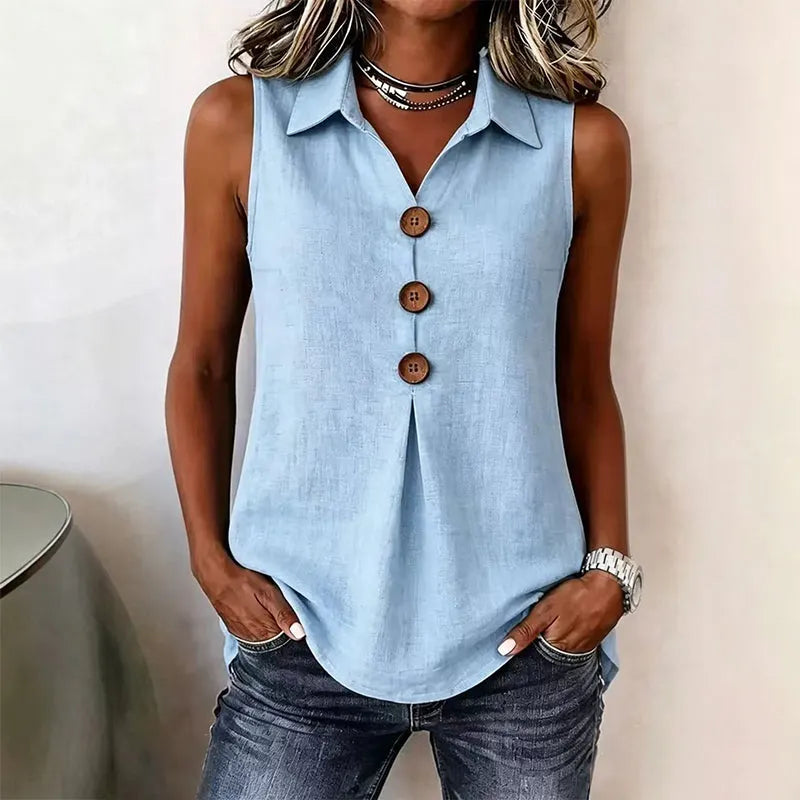 Chemise sans manches femme en coton avec boutons décoratifs