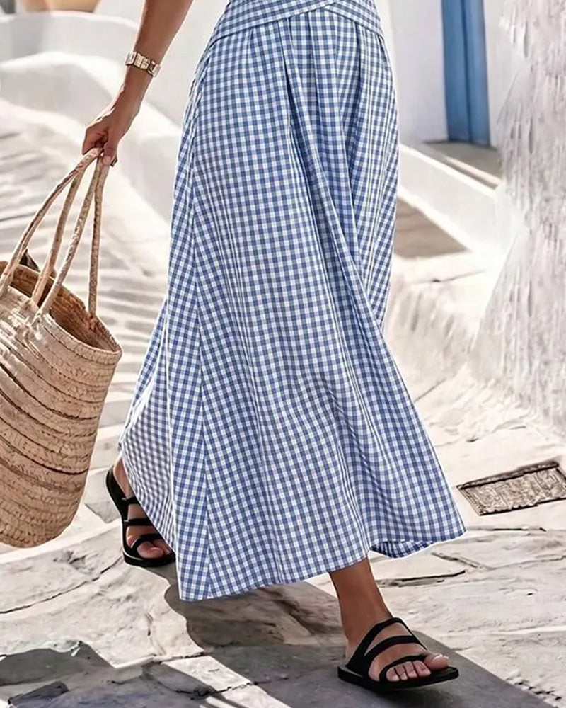 Robe Col Rond Croisé Froncé À Carreaux