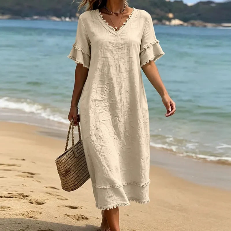 Robe femme bohème col V avec franges et coupe fluide