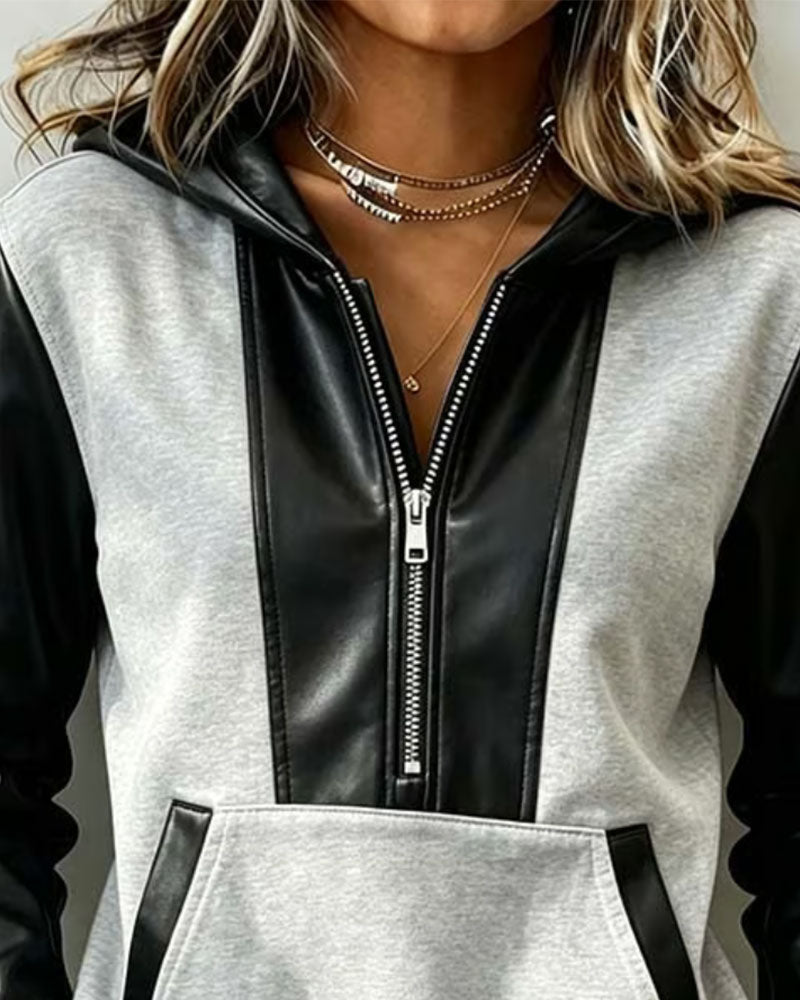 Hoodie Fermeture Éclair Poche Patchwork