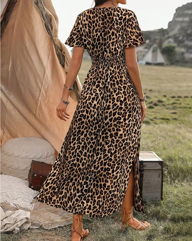 Robe Léopard Col V Taille Élastique Ligne A