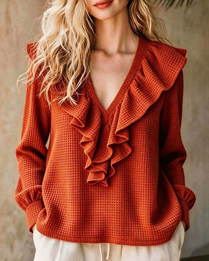 Blouse à volants en maille gaufrée à col en V