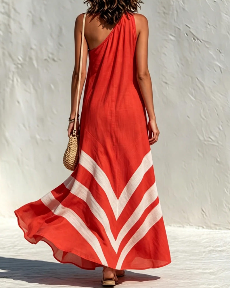 Robe Une Épaule Rayée Bloc De Couleur Jupe Ample