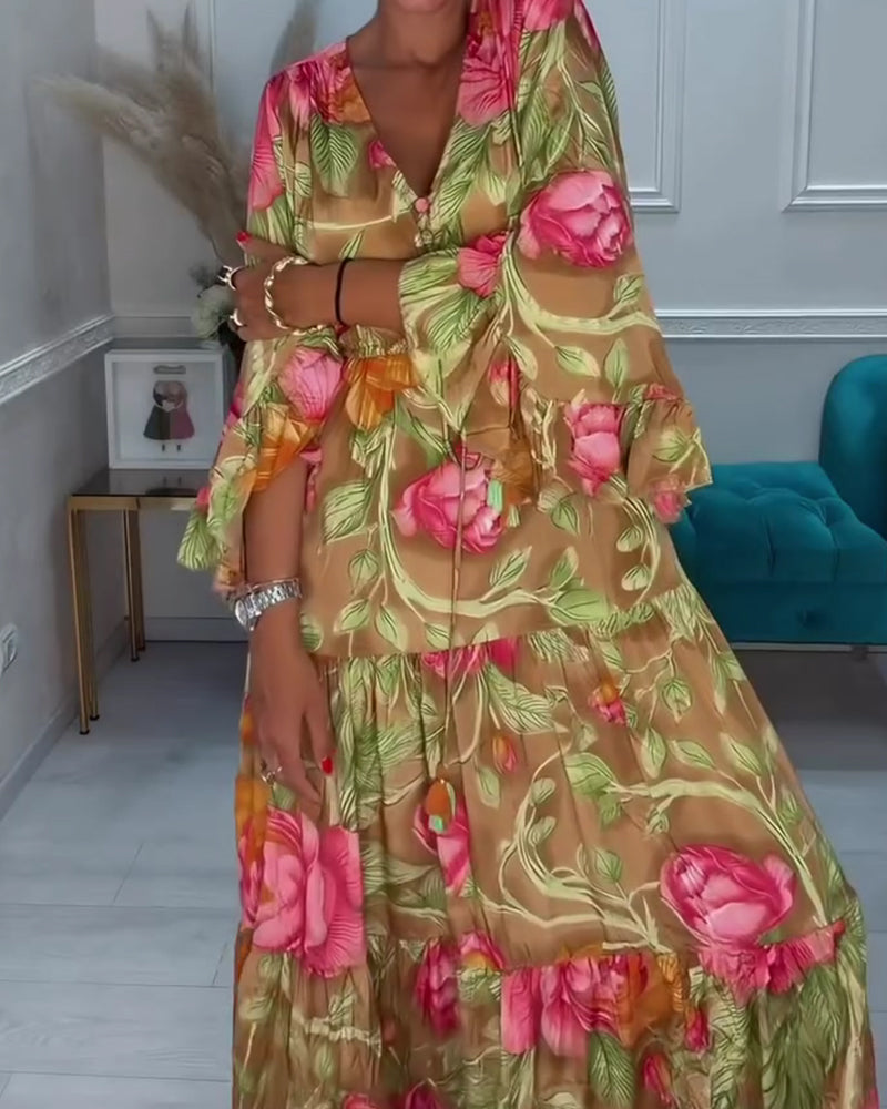 Mosalia | Robe maxi florale avec décolleté en V et jupe évasée