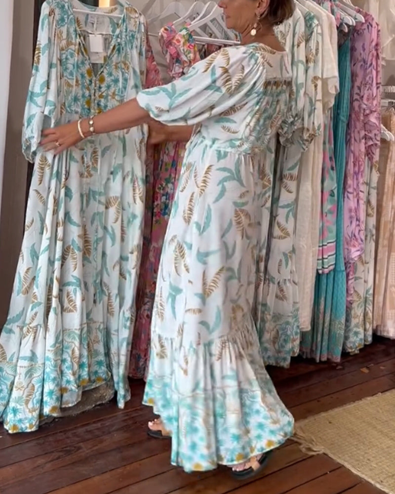 Robe maxi à imprimé feuilles avec décolleté en V pour femmes