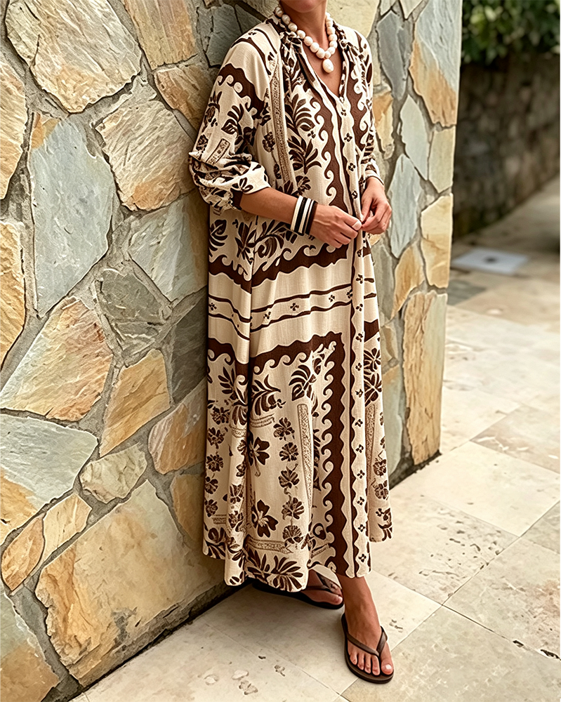 Robe Col V Style Ethnique Ample Grand Ourlet