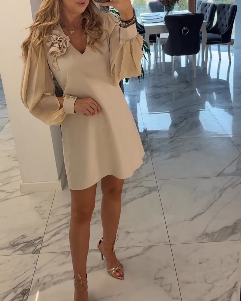 Robe à Manches Lanternes avec V-Cou et Fleurs en Trois Dimensions
