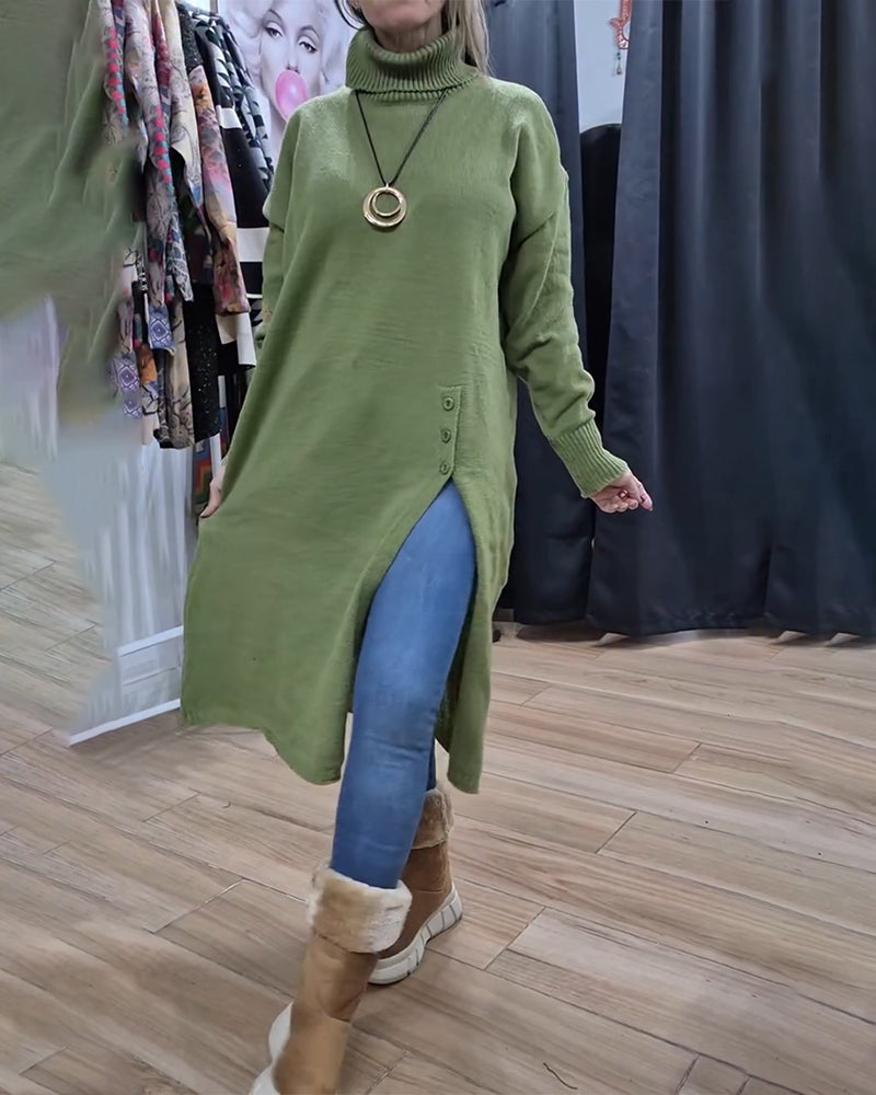 Pull Col Roulé Bouton Fente Long