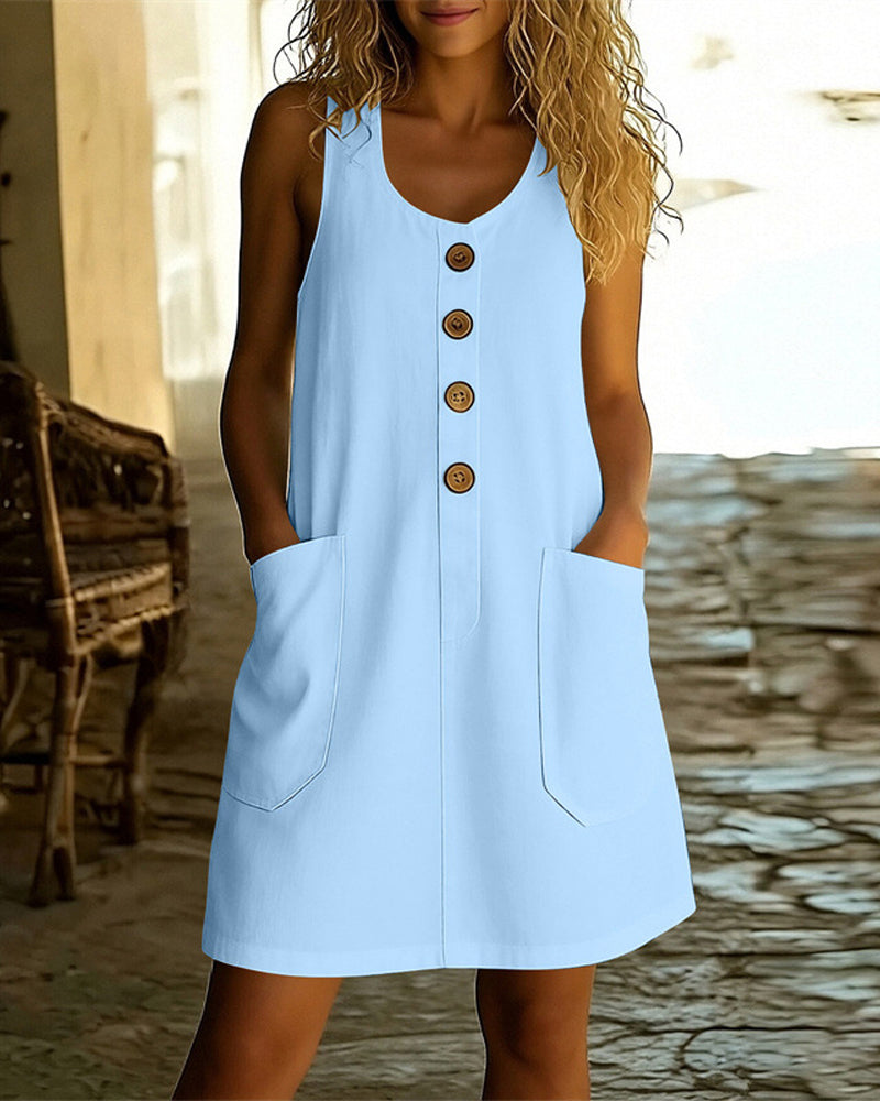 Robe Unie Col En U Bouton Devant