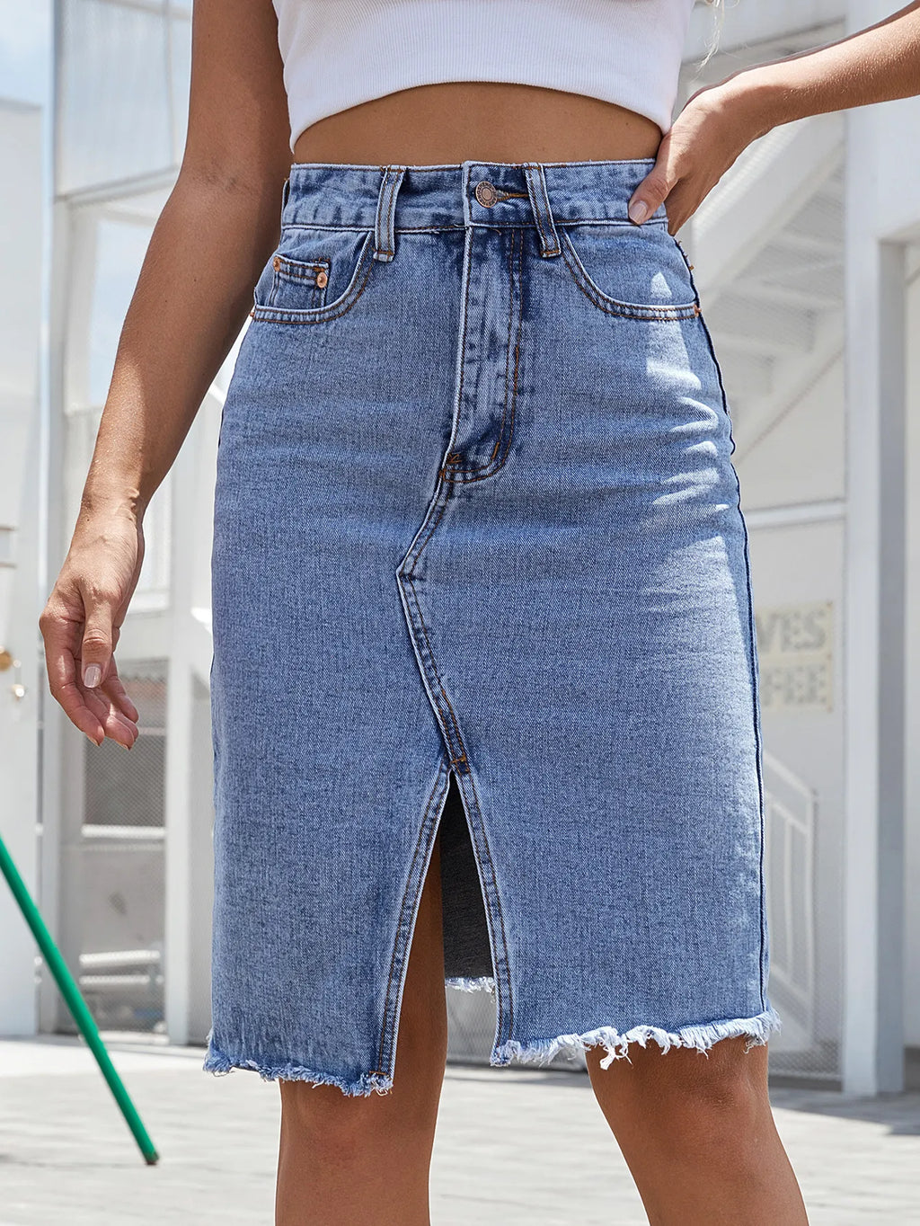Jupe en denim femme taille haute avec fente devant