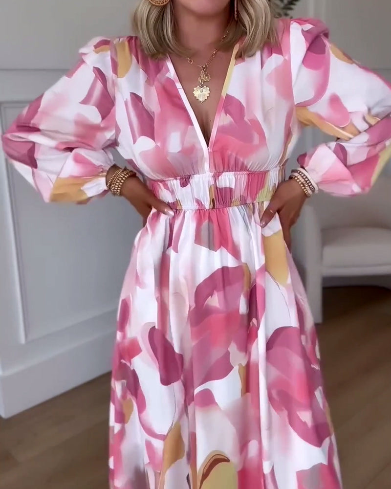 Robe maxi élégante à manches longues et décolleté en V imprimée