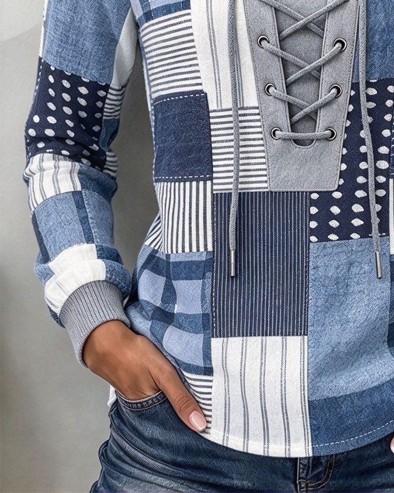 Sweat-shirt ajusté à carreaux à lacets à manches longues