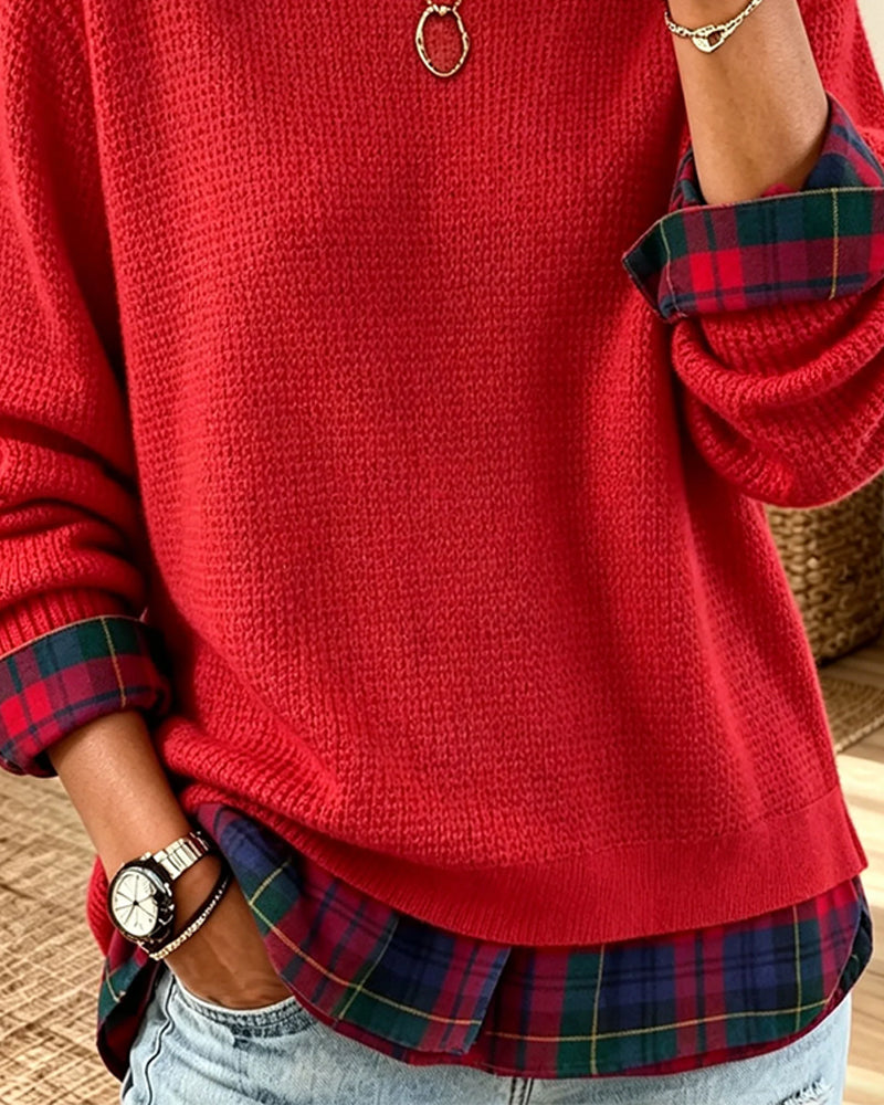 Pull Col Rond Carreau Patchwork Fausse Deux Pièces