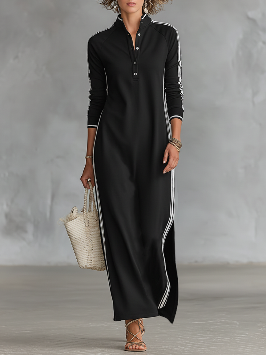 Robe sweat minimaliste pour femmes avec col blanc et patte de boutonnage