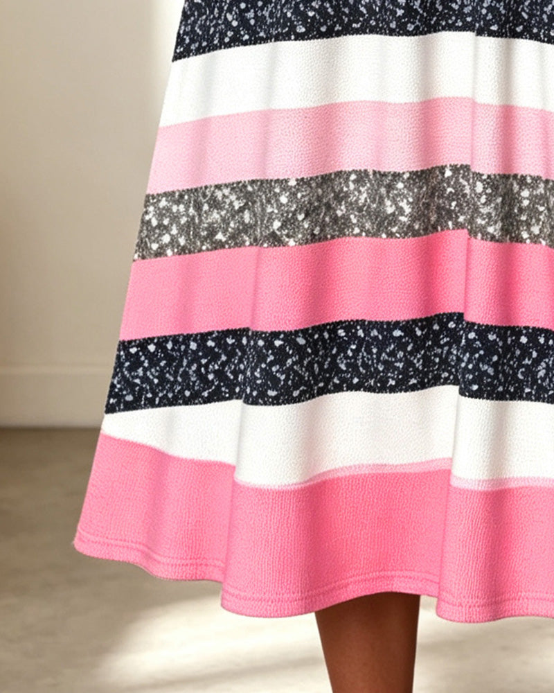 Robe Col Carré Rayé Bloc De Couleur Brillant