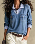 Haut Fausse Deux Pièces Rayé Denim Patchwork