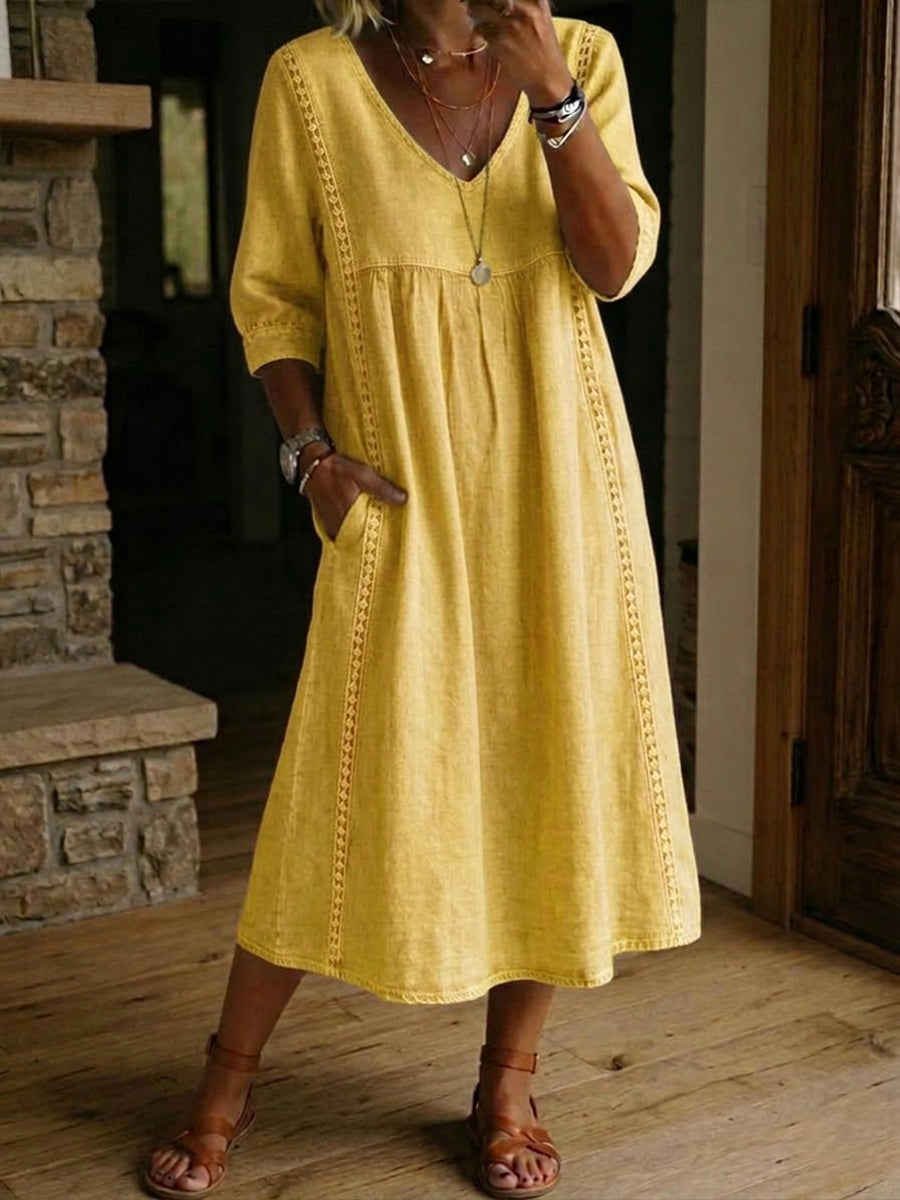 Robe femme coton-lin avec dentelle et col V
