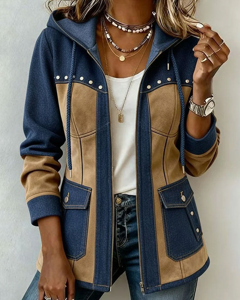 Manteau en Denim Patchwork avec Capuche et Zip