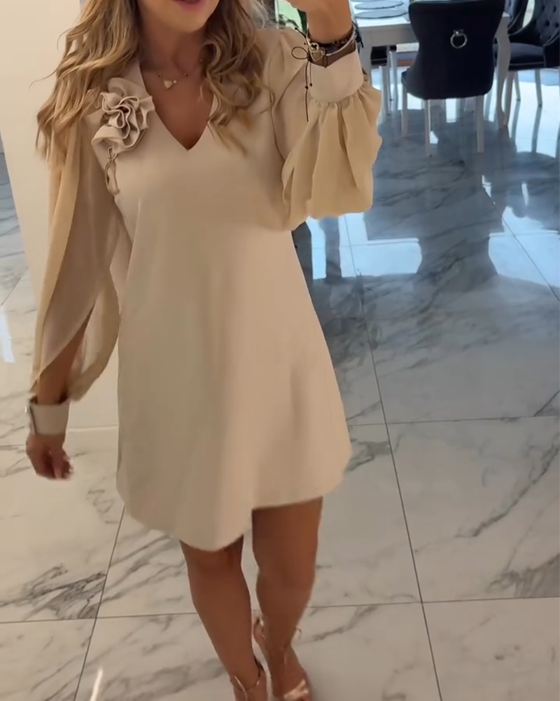 Robe à Manches Lanternes avec V-Cou et Fleurs en Trois Dimensions