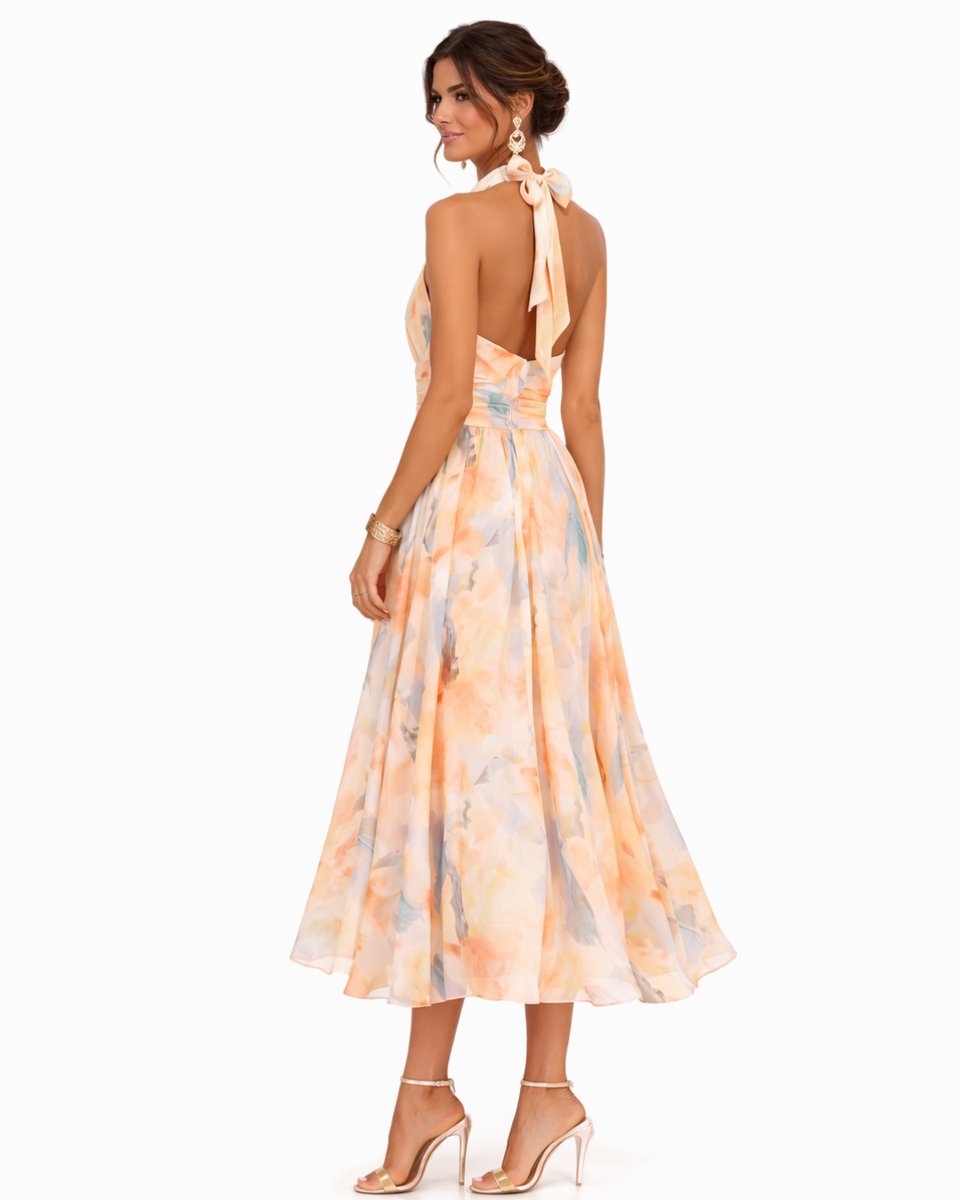 Annika | Robe Midi Aquarelle à Bretelles pour Femmes, Évasée et Fluide