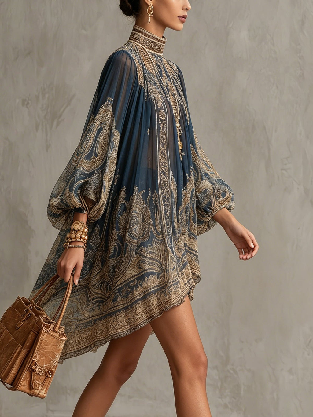 Sophie | Robe Chiffon Baroque à Col Montant pour Femmes avec Manches Fluides