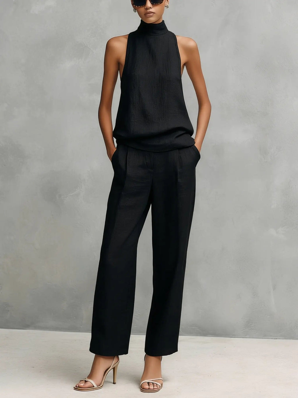 Clara | Ensemble Top Haut Col Montant Sans Manches et Pantalon en Coton-Lin pour Femmes