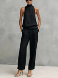 Clara | Ensemble Top Haut Col Montant Sans Manches et Pantalon en Coton-Lin pour Femmes