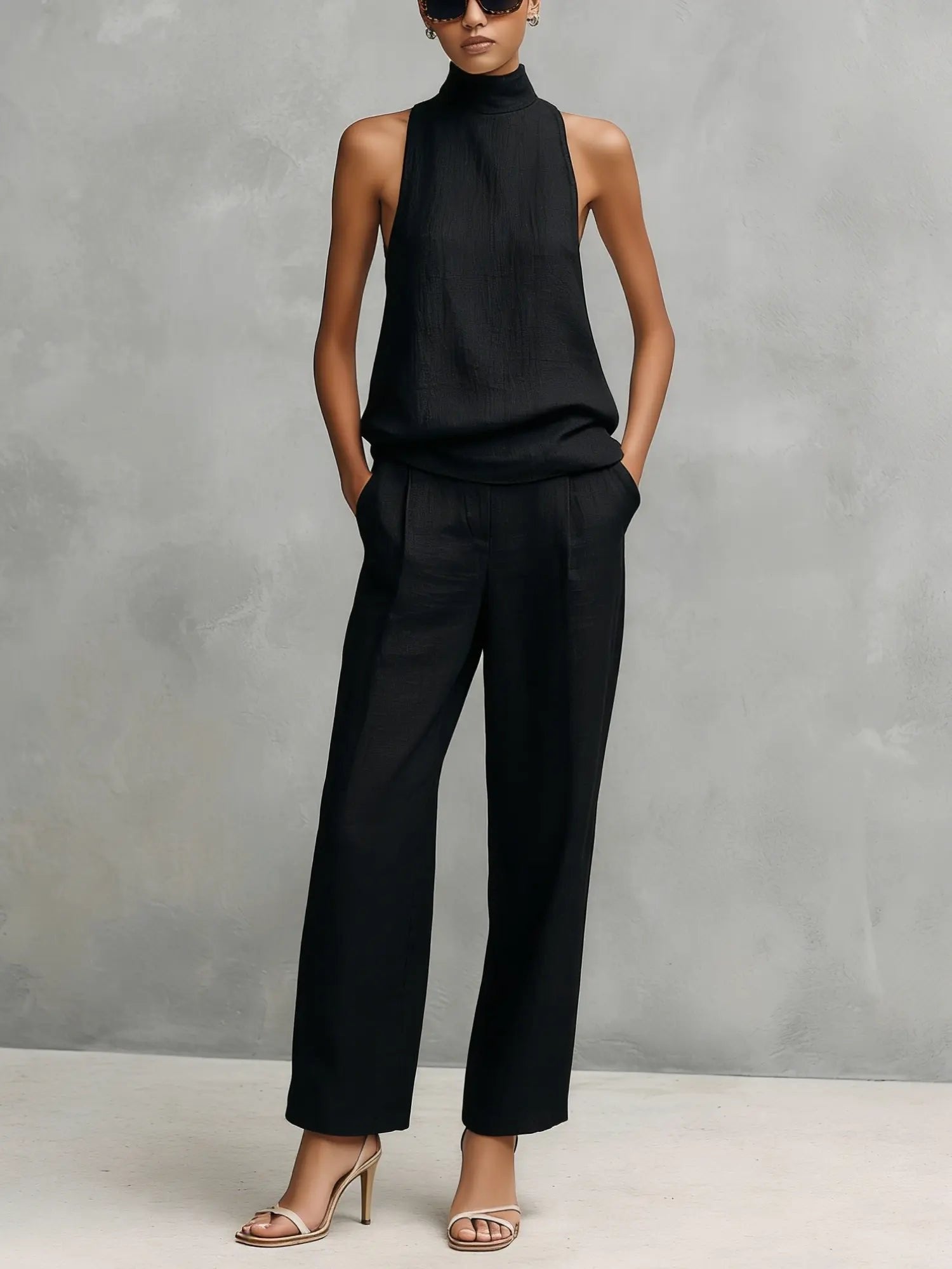Clara | Ensemble Top Haut Col Montant Sans Manches et Pantalon en Coton-Lin pour Femmes