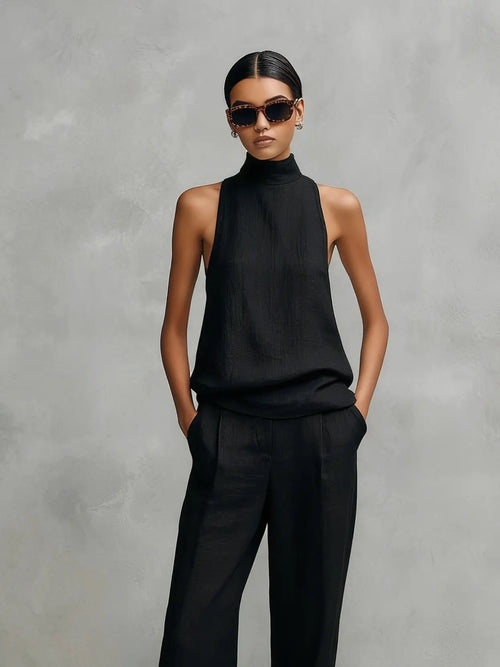 Clara | Ensemble Top Haut Col Montant Sans Manches et Pantalon en Coton-Lin pour Femmes