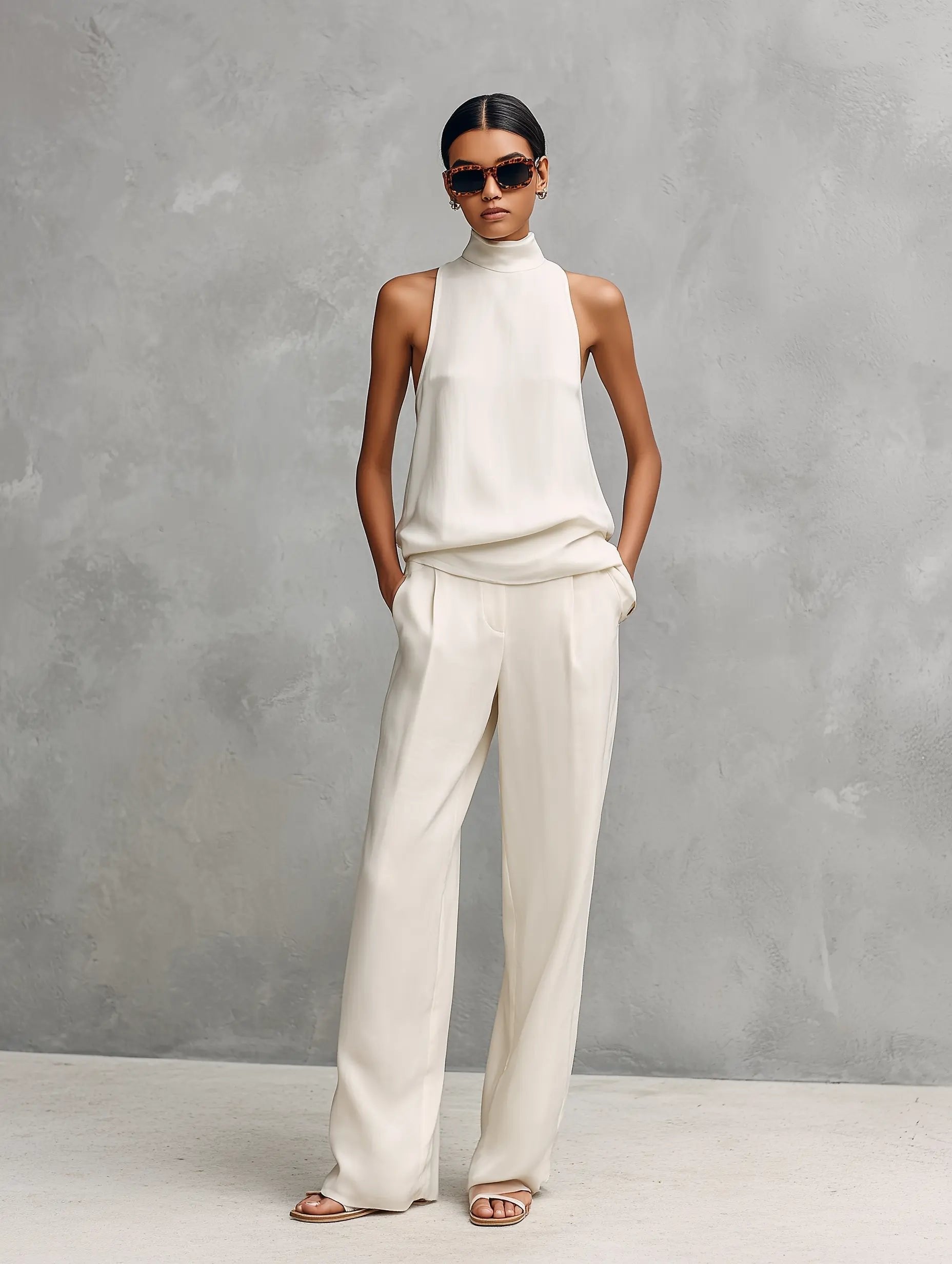 Clara | Ensemble Top Haut Col Montant Sans Manches et Pantalon en Coton-Lin pour Femmes