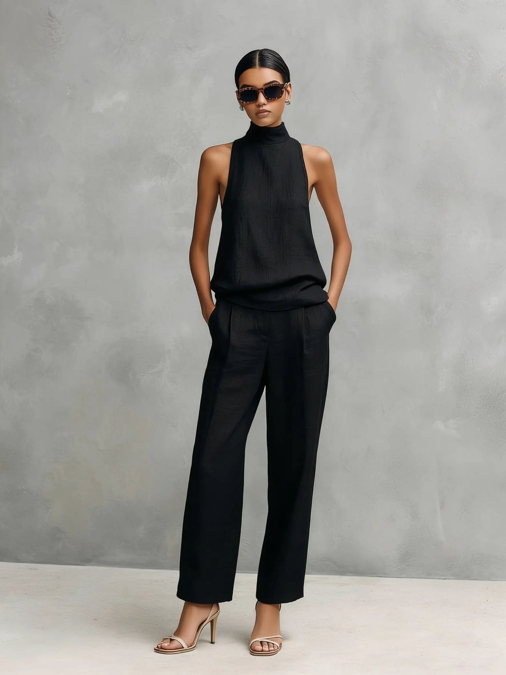 Clara | Ensemble Top Haut Col Montant Sans Manches et Pantalon en Coton-Lin pour Femmes