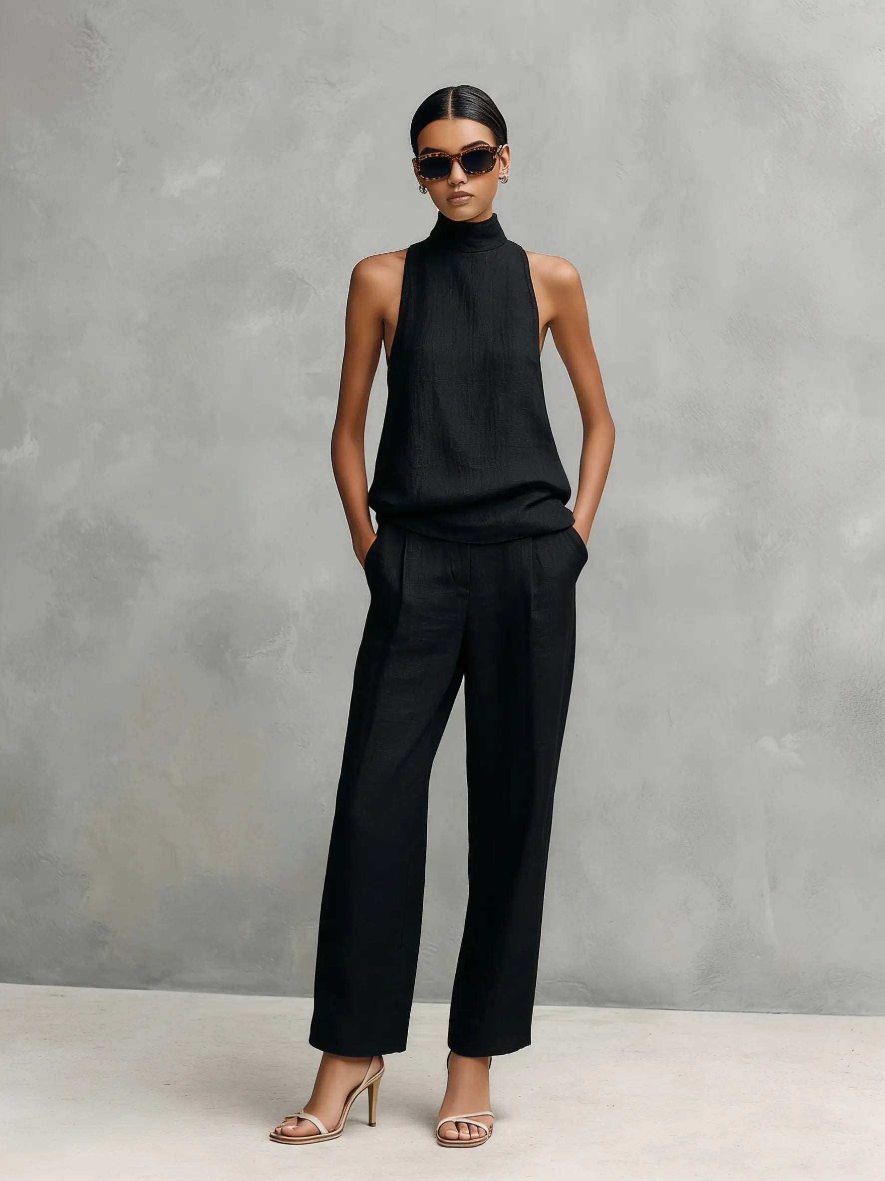 Clara | Ensemble Top Haut Col Montant Sans Manches et Pantalon en Coton-Lin pour Femmes