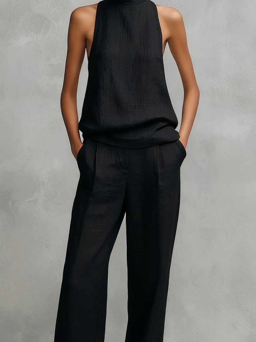 Clara | Ensemble Top Haut Col Montant Sans Manches et Pantalon en Coton-Lin pour Femmes
