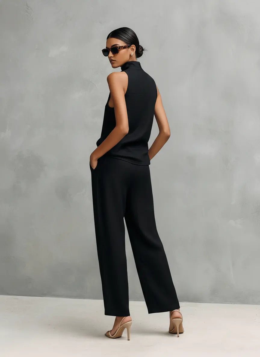 Clara | Ensemble Top Haut Col Montant Sans Manches et Pantalon en Coton-Lin pour Femmes