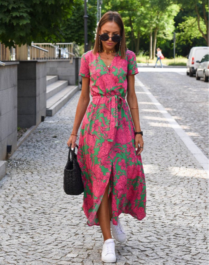 Marlene | Robe portefeuille en coton pour femmes avec imprimé floral et décolleté en V midi