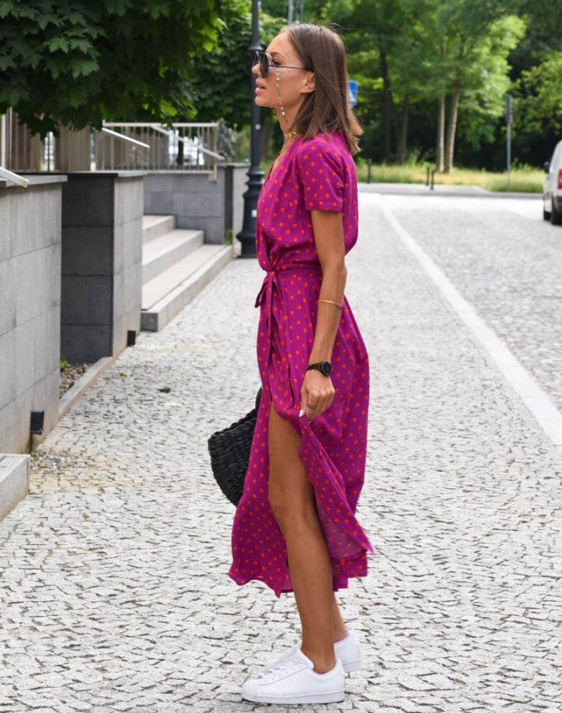 Marlene | Robe portefeuille en coton pour femmes avec imprimé floral et décolleté en V midi