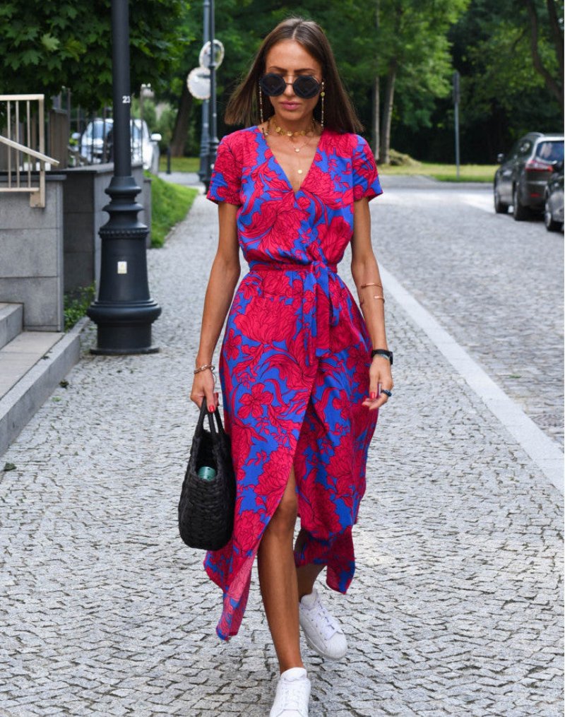 Marlene | Robe portefeuille en coton pour femmes avec imprimé floral et décolleté en V midi