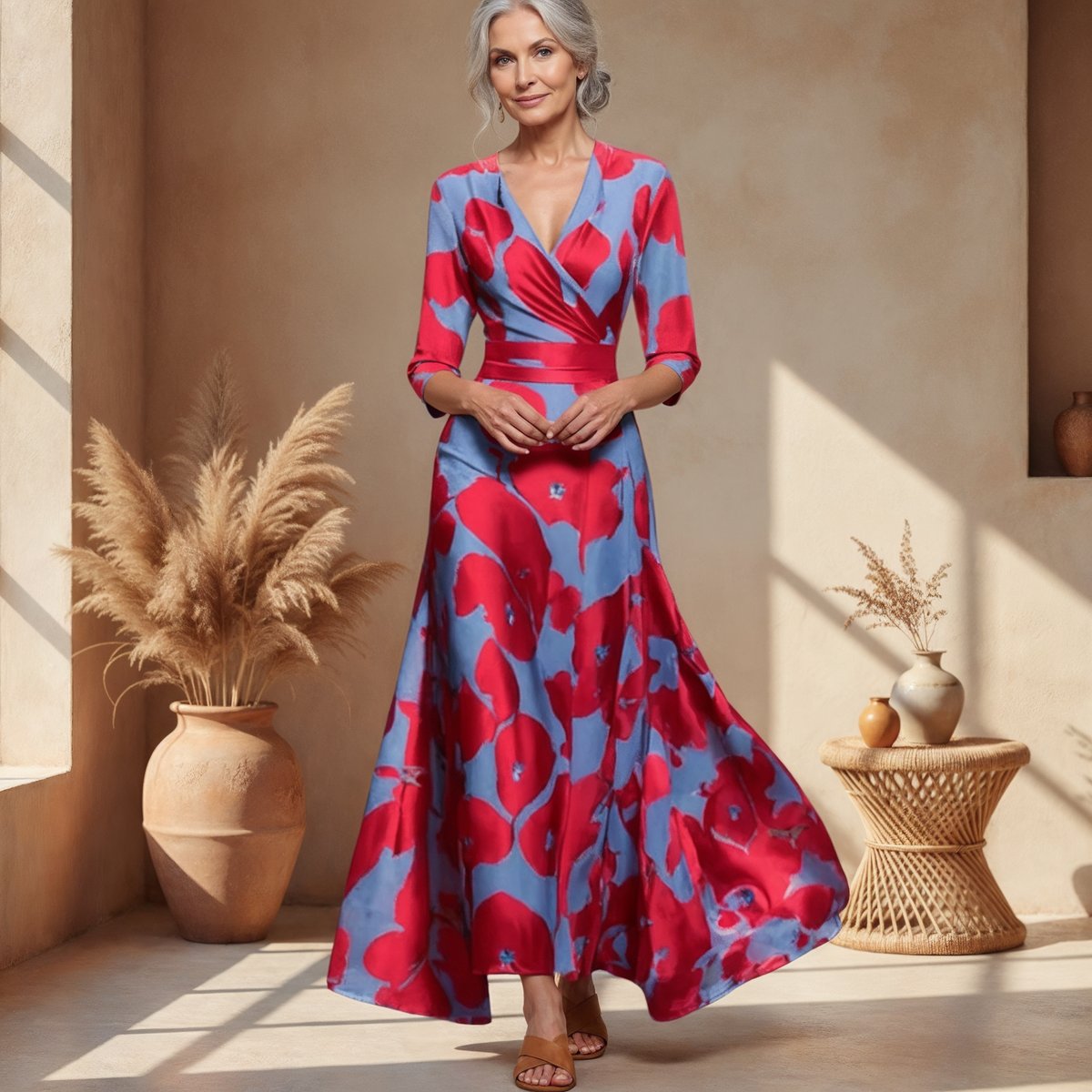 Katharina | Robe Longue à Manches 3/4 Imprimée pour Femmes, Coupe Cache-Cœur, Ajustée