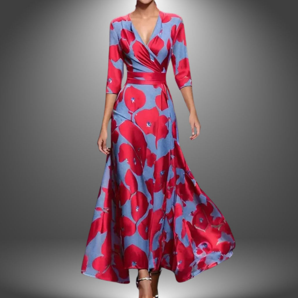 Katharina | Robe Longue à Manches 3/4 Imprimée pour Femmes, Coupe Cache-Cœur, Ajustée