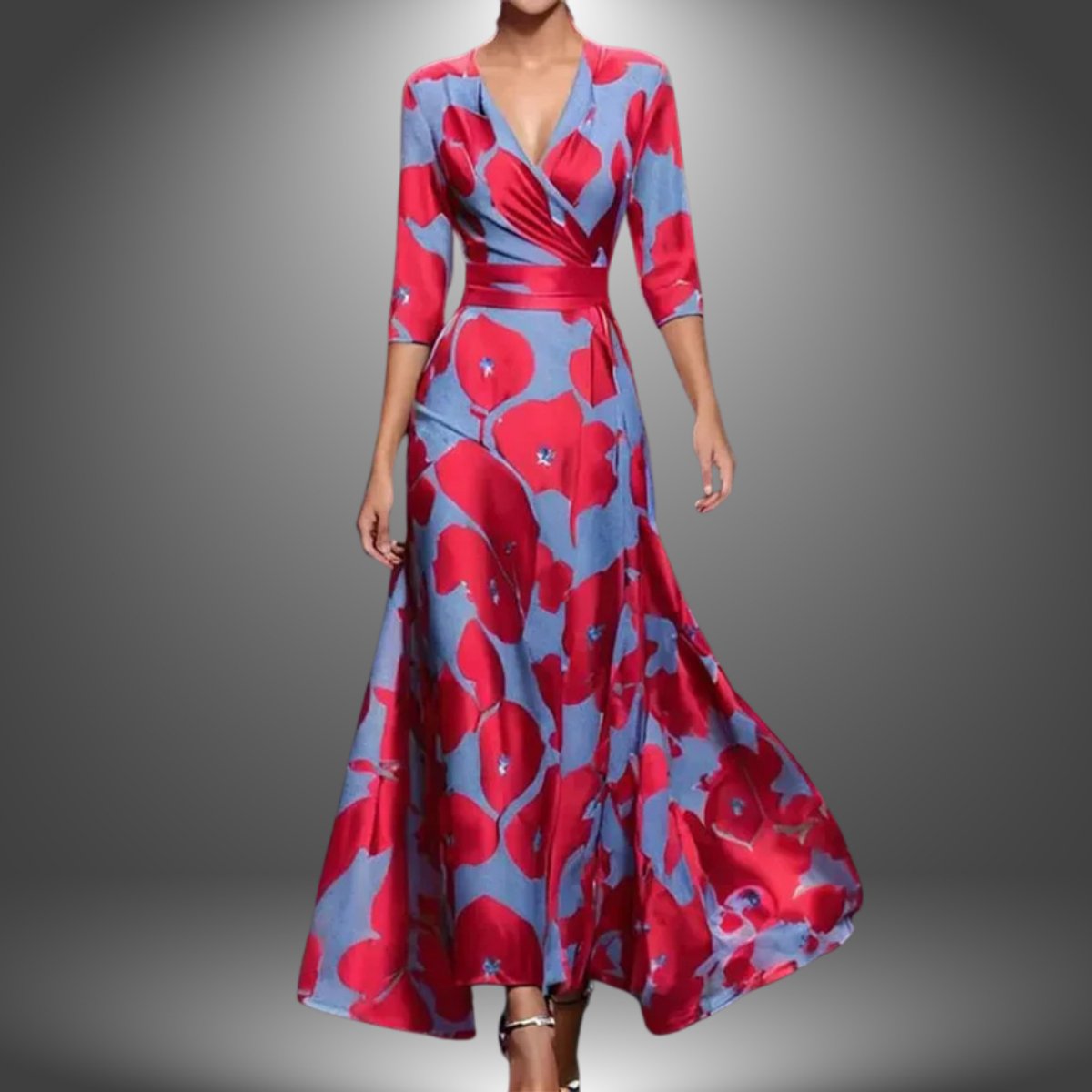 Katharina | Robe Longue à Manches 3/4 Imprimée pour Femmes, Coupe Cache-Cœur, Ajustée