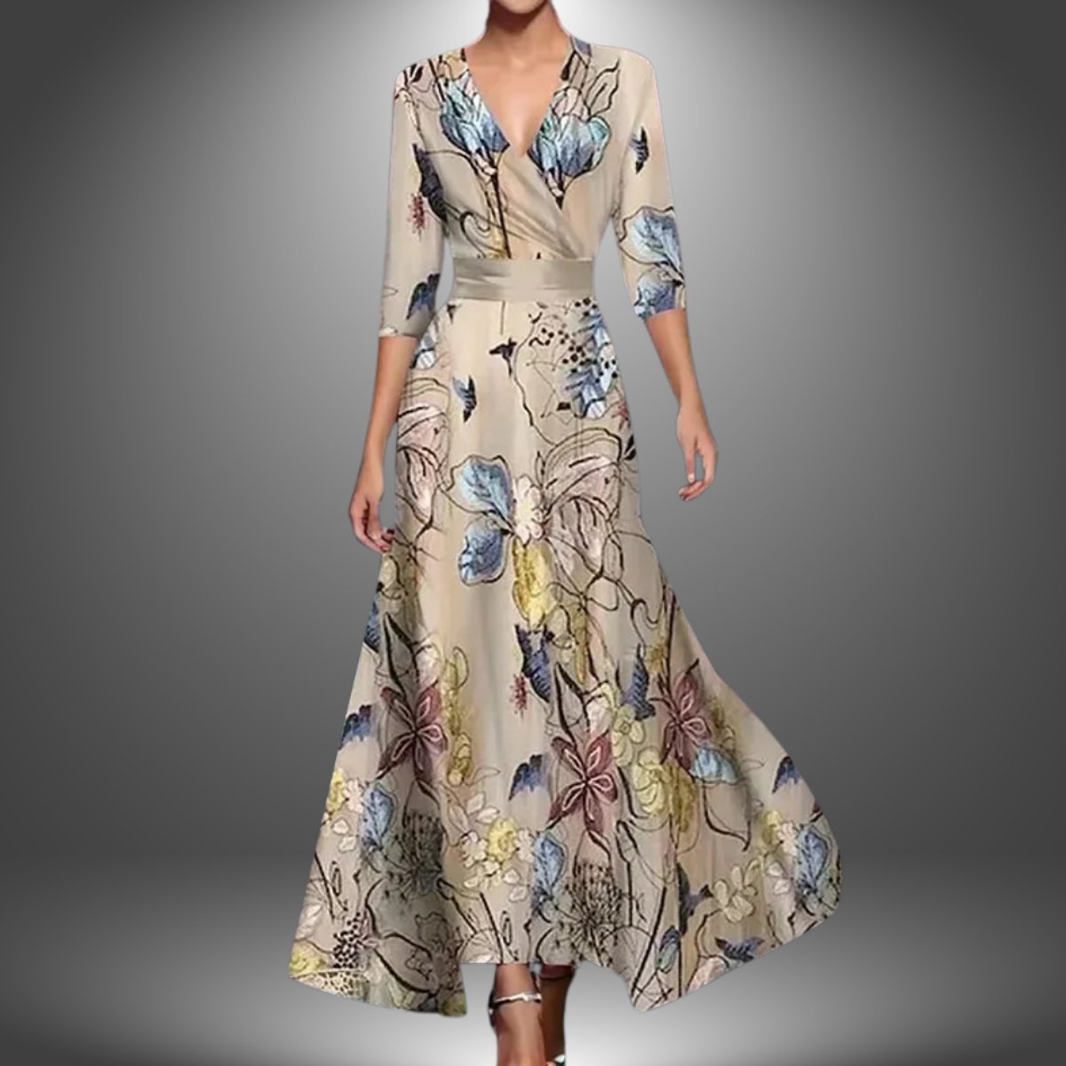 Katharina | Robe Longue à Manches 3/4 Imprimée pour Femmes, Coupe Cache-Cœur, Ajustée