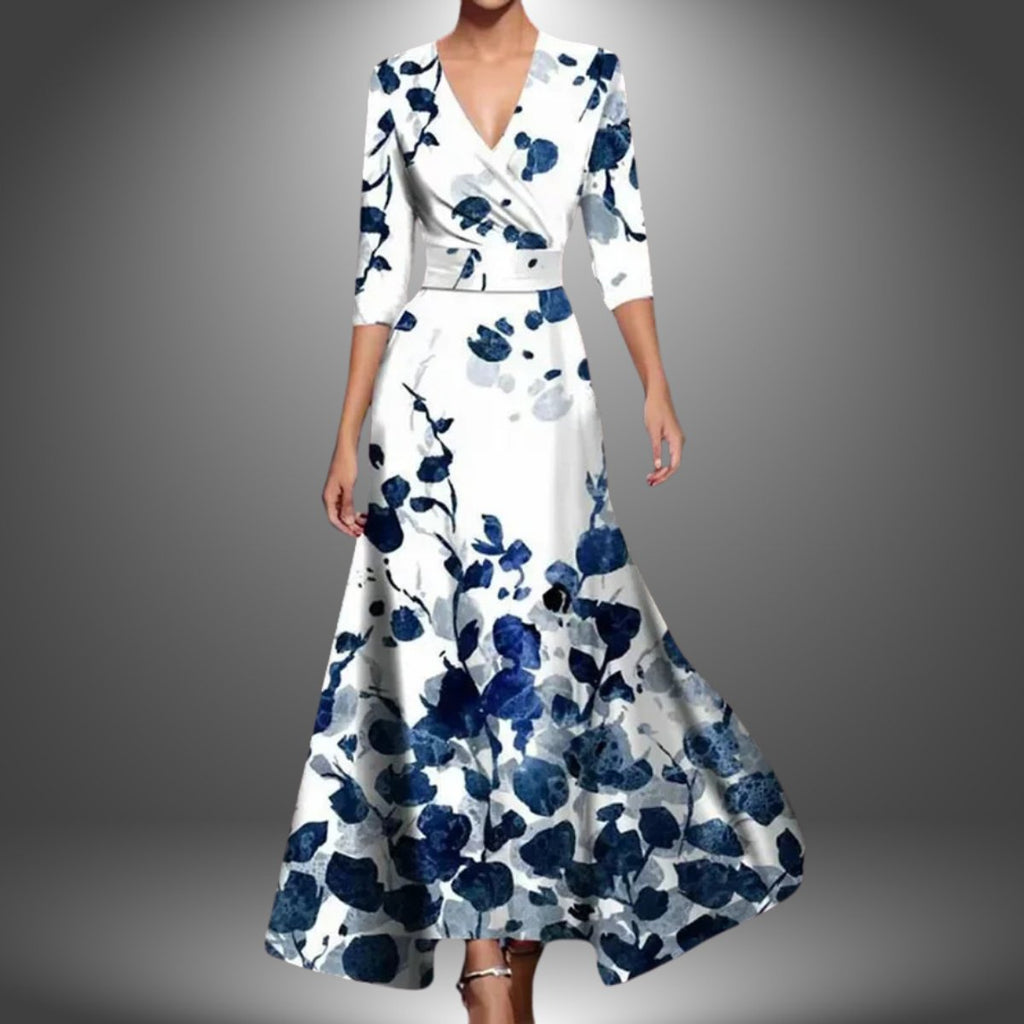 Katharina | Robe Longue à Manches 3/4 Imprimée pour Femmes, Coupe Cache-Cœur, Ajustée