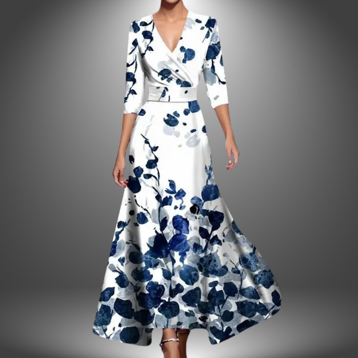 Katharina | Robe Longue à Manches 3/4 Imprimée pour Femmes, Coupe Cache-Cœur, Ajustée