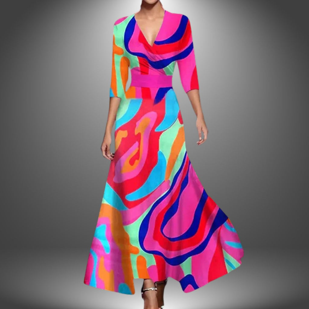 Katharina | Robe Longue à Manches 3/4 Imprimée pour Femmes, Coupe Cache-Cœur, Ajustée