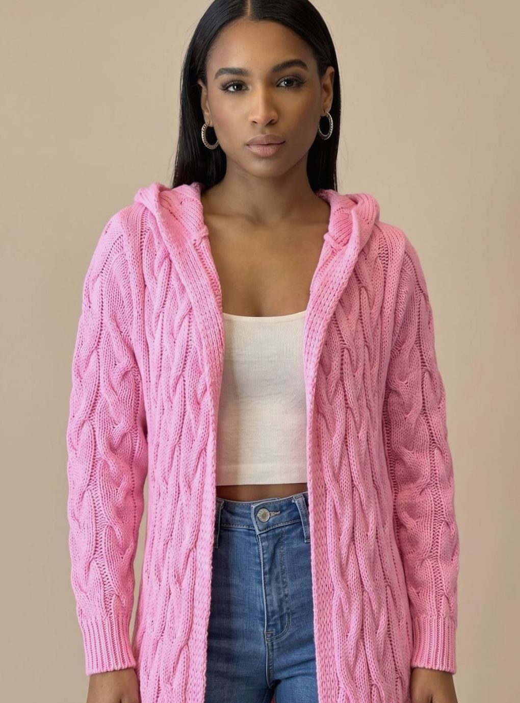 Clara | Veste de transition pour femmes, longue veste en tricot avec capuche en mélange de coton