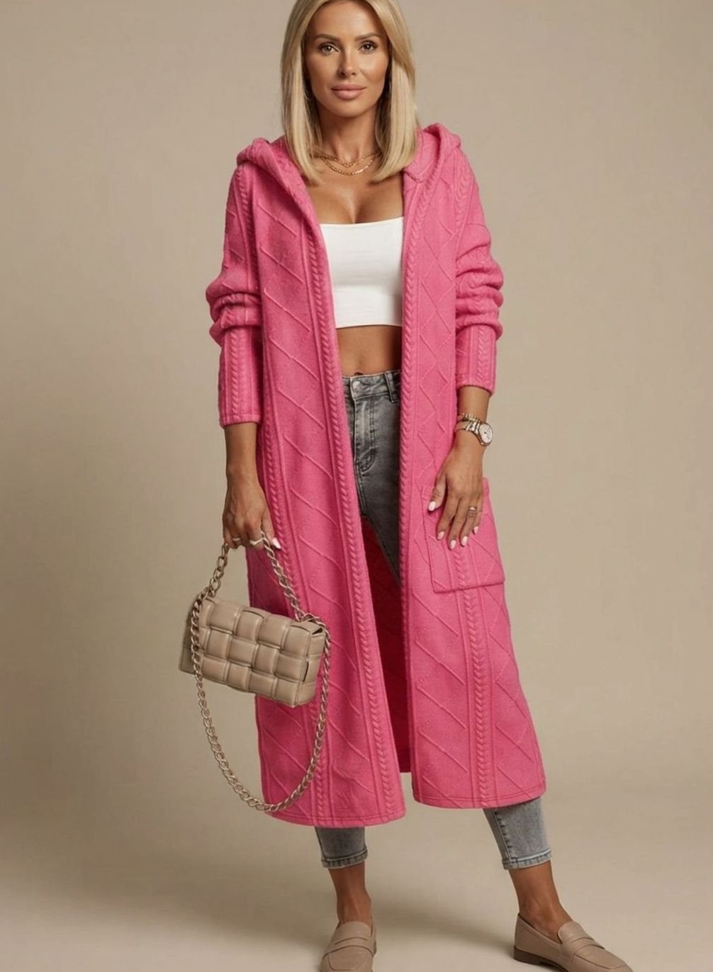 Clara | Veste de transition pour femmes, longue veste en tricot avec capuche en mélange de coton
