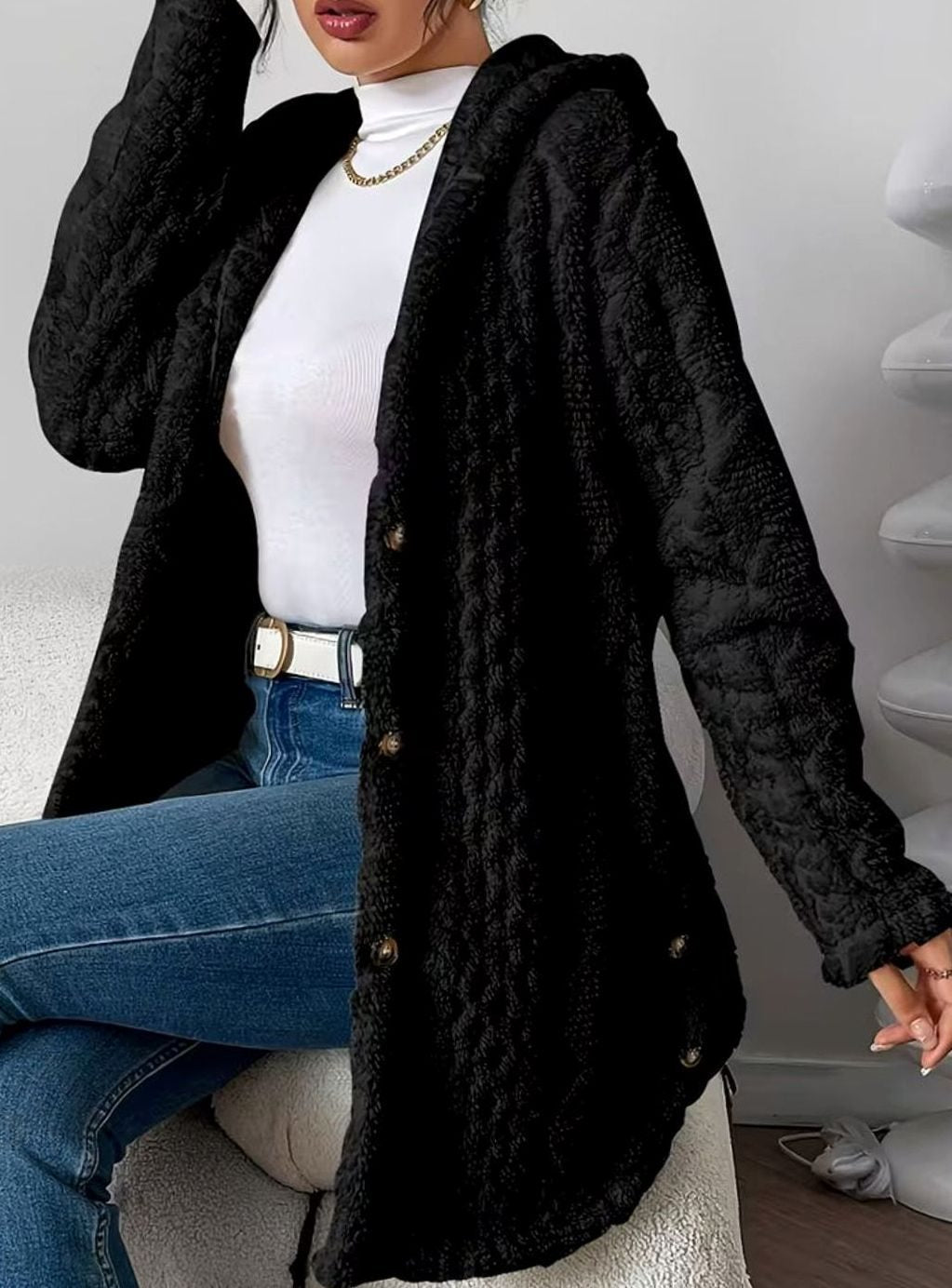 Mia | Veste de transition pour femmes avec capuche, patte de boutonnage, motif structuré, manches longues