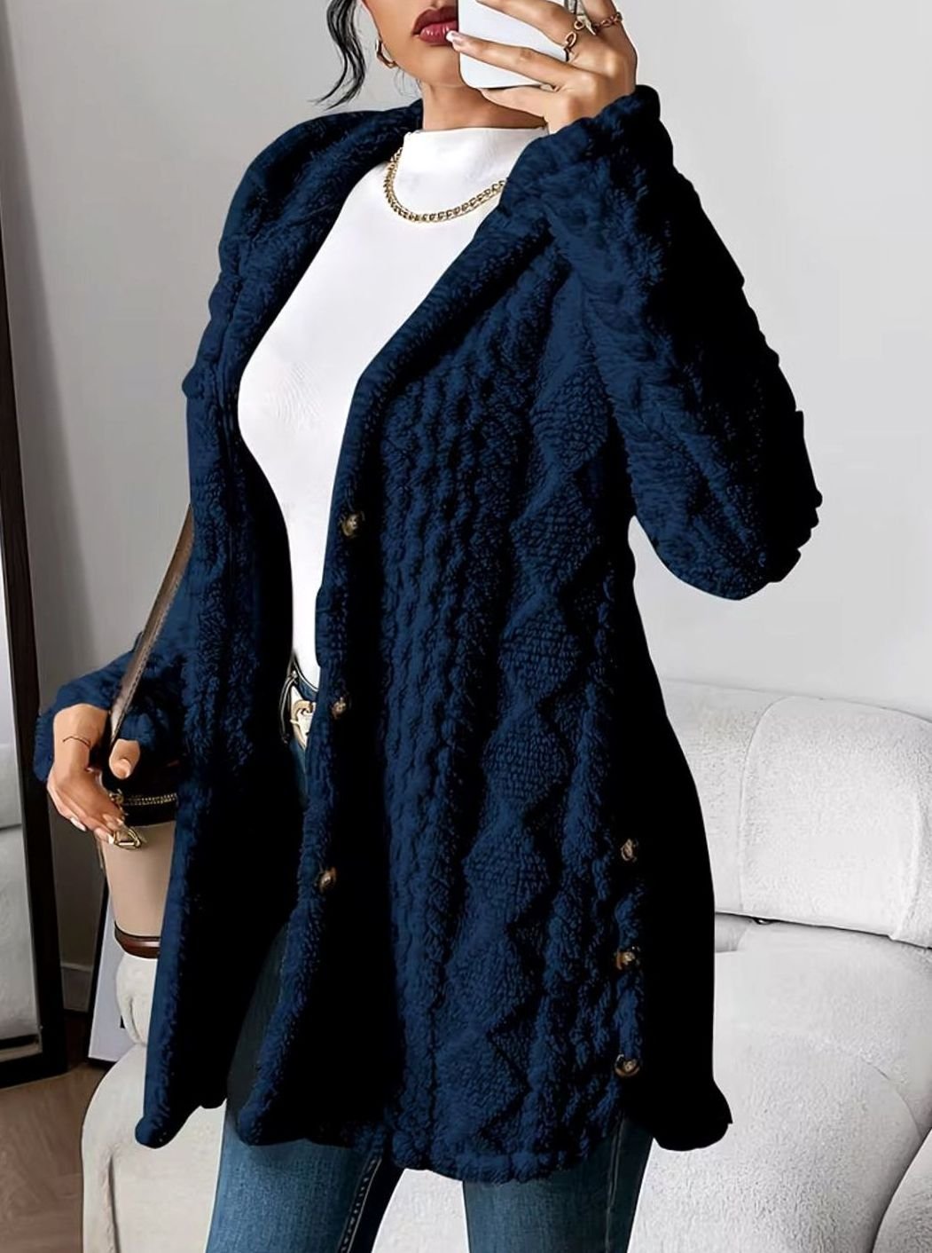Mia | Veste de transition pour femmes avec capuche, patte de boutonnage, motif structuré, manches longues